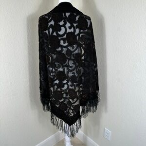Black Velvet Burnout Floral Scarf Shawl Wrap Fringe Whimsigoth Gothic Boho